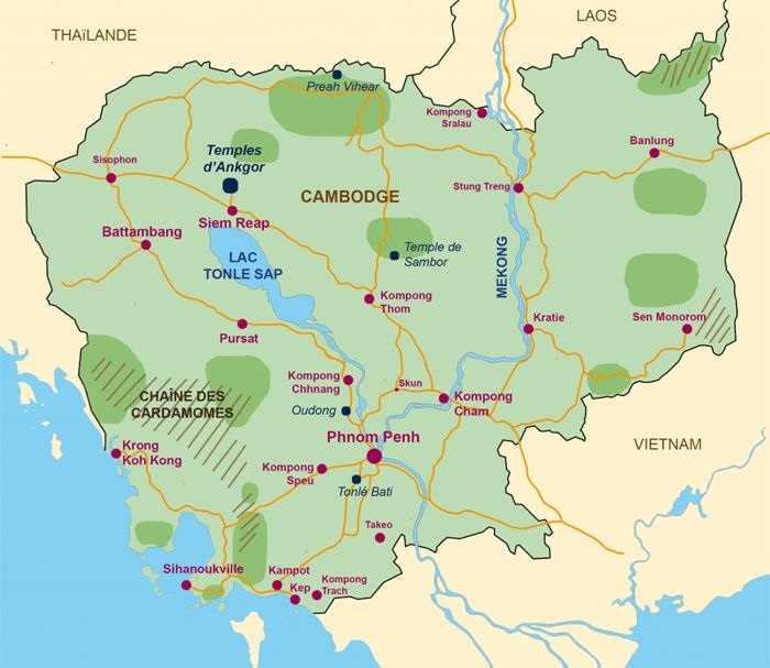Road map of Cambodia showing major cities, rivers, Tonlé Sap Lake, mountain ranges, and neighboring countries